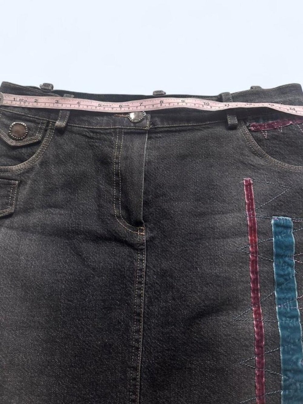 Ella Cavaletti Y2K Embellished Denim Midi Skirt Velvet w/ Brooch M - Picture 3 of 8